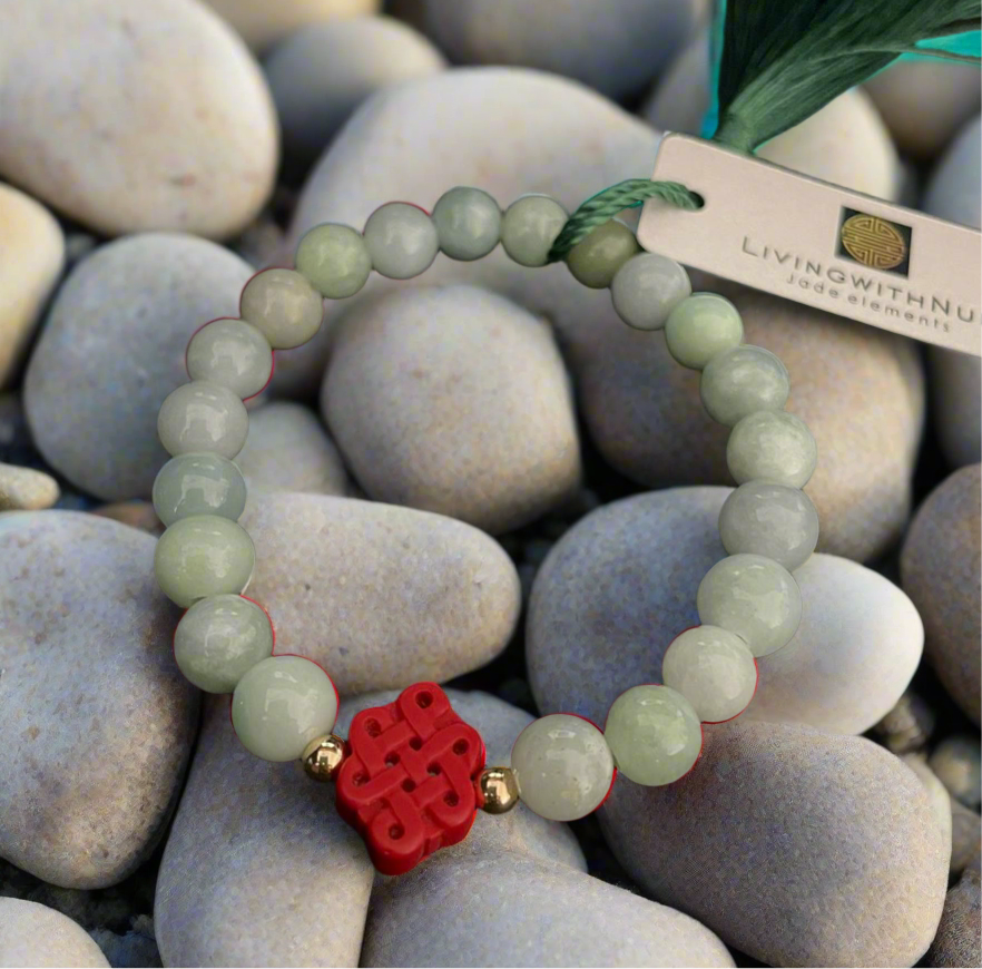 Jade bracelet 8mm beads & Mystic Knot Red Cinnabar.