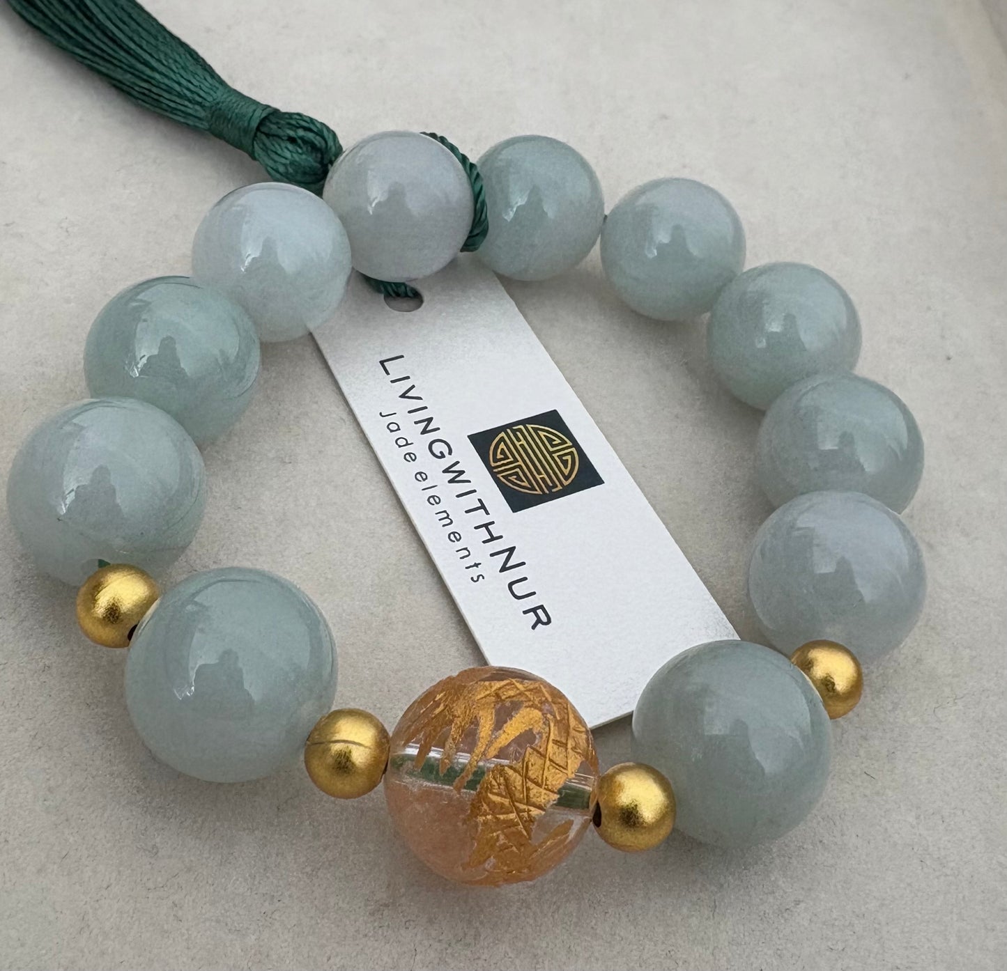 Big Bead Jade bracelet 15mm & Dragon carved Quartz