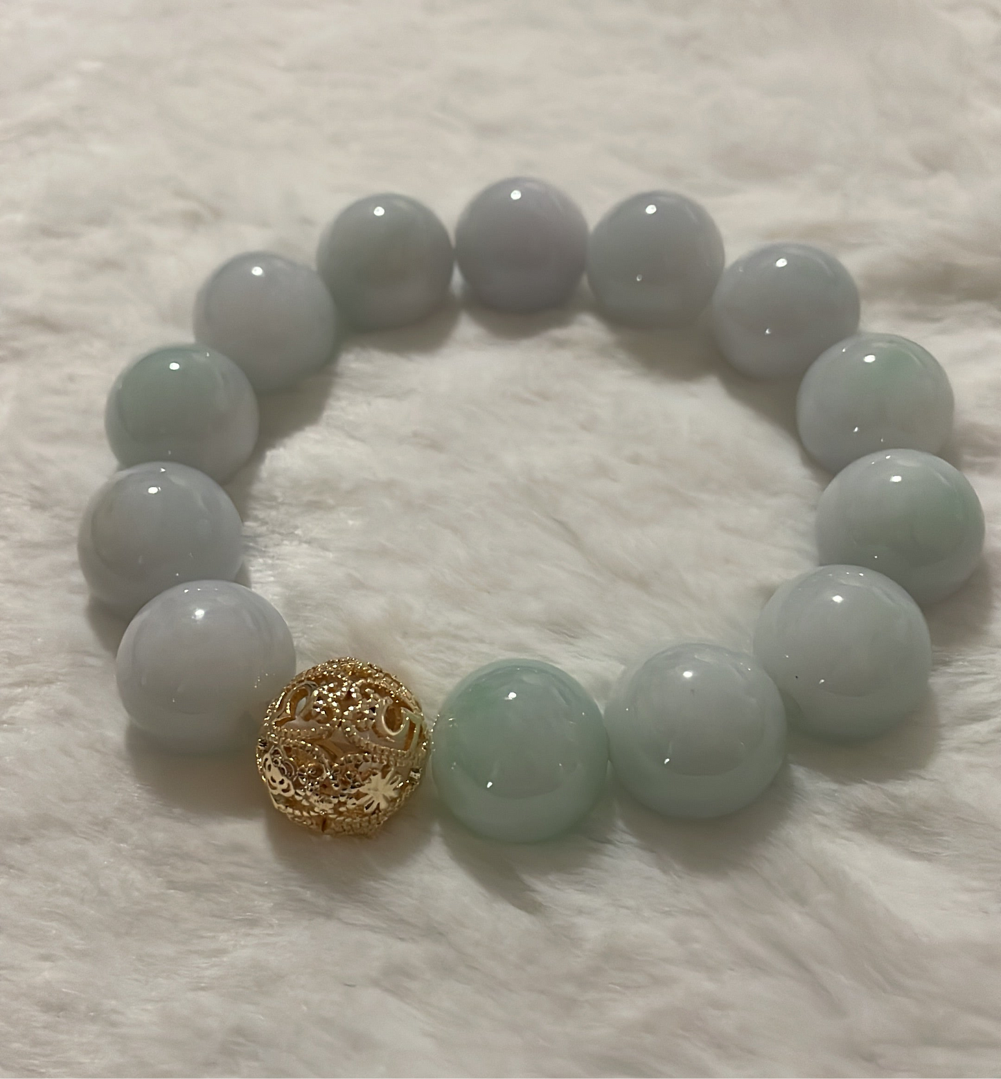 Jade 15mm big bead bracelet & Gold fill Filigree ornament
