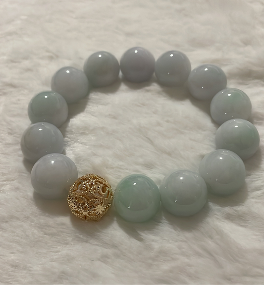 Jade 15mm big bead bracelet & Gold fill Filigree ornament