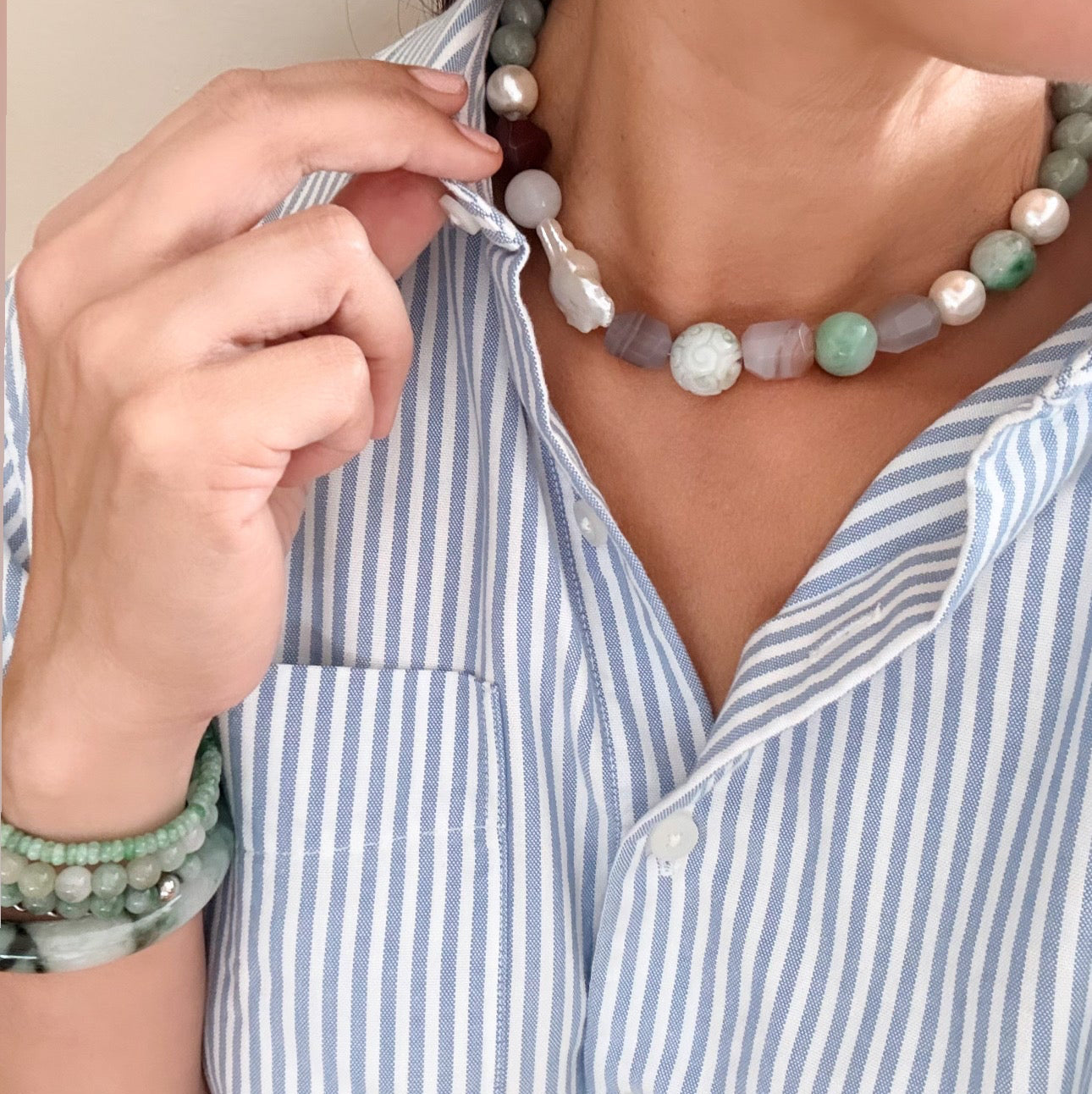 Jade choker necklace, Baroque Pearls and Agate