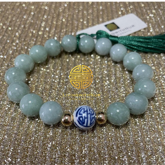 Genuine Burmese Jade bracelet 10mm beads and 'Shou' Longevity porcelain