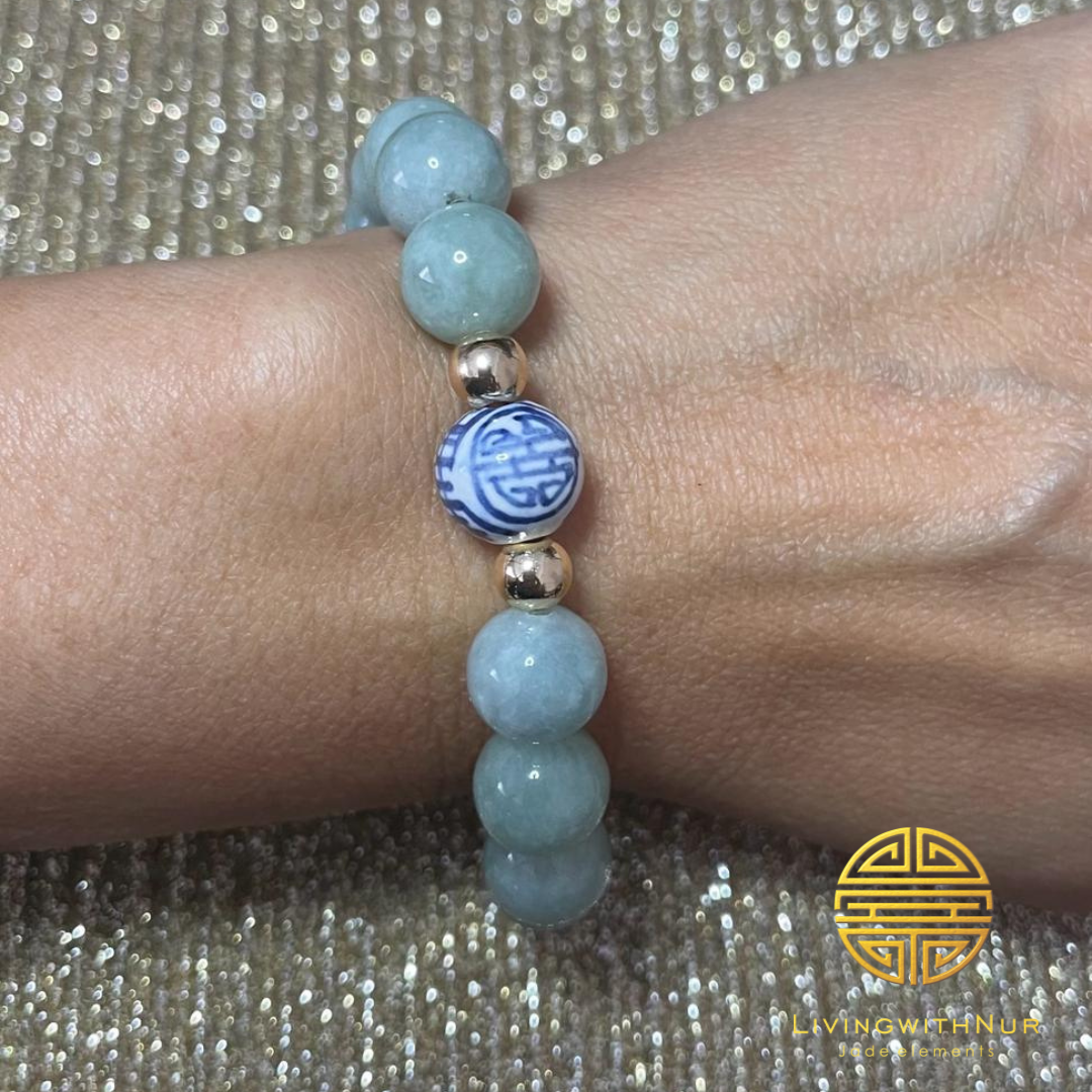 Genuine Burmese Jade bracelet 10mm beads and 'Shou' Longevity porcelain