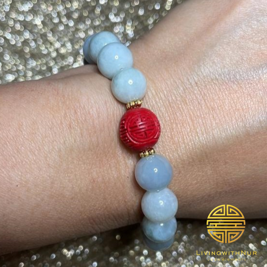 Genuine Burmese Jade bracelet 10mm beads and 'Shou' Longevity Red Cinnabar
