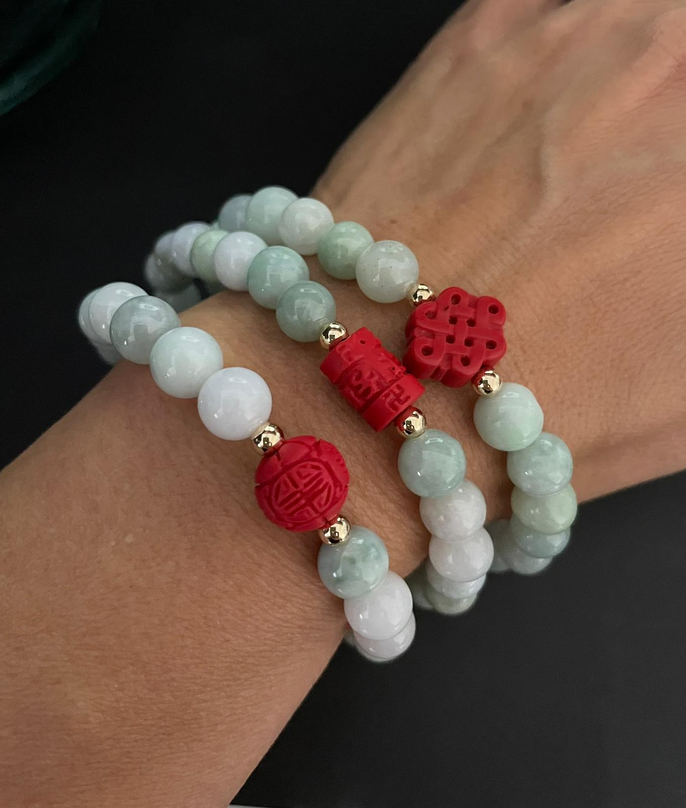 Jade bracelet 8mm beads & Mystic Knot Red Cinnabar.