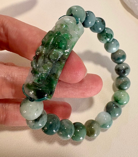 Wealth /Protection Jade & Carved Pixiu Jade bracelet 6”