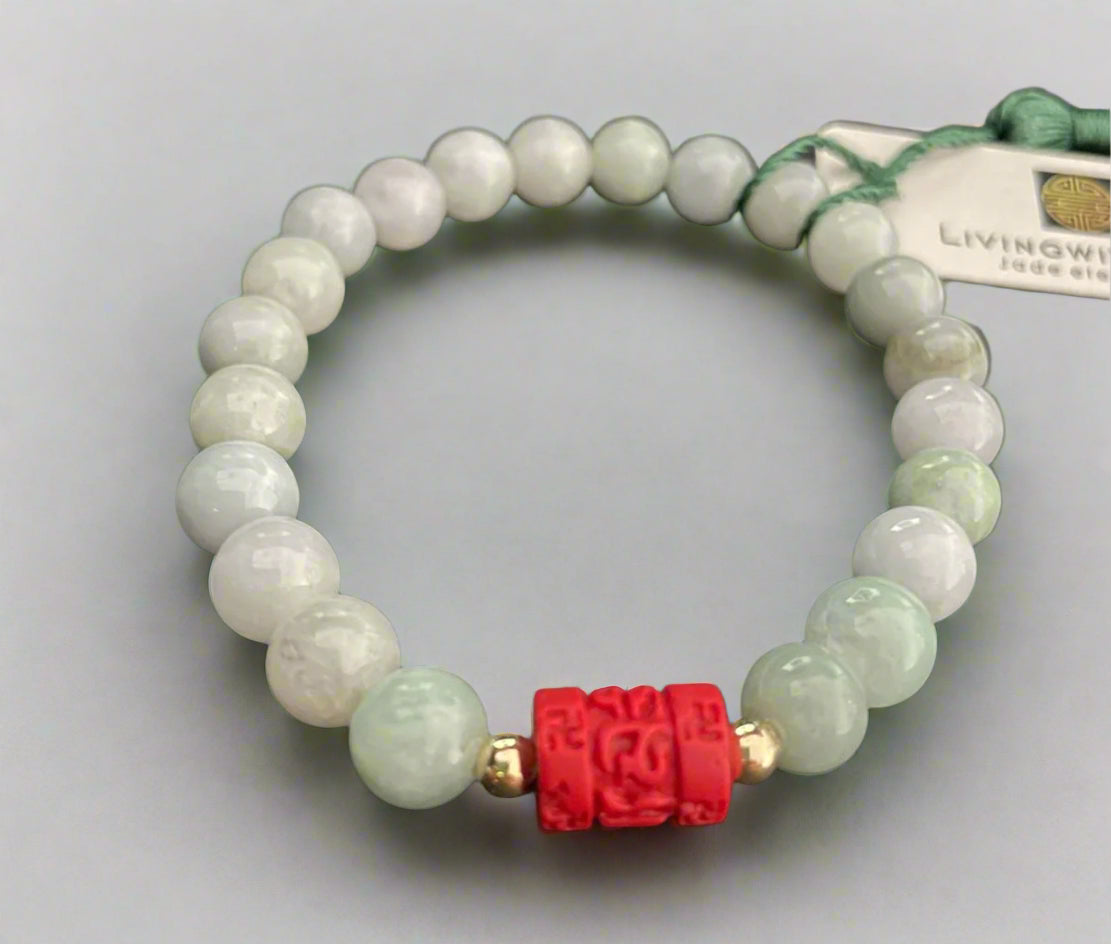 Jade bracelet 8mm beads & Mystic Knot Red Cinnabar