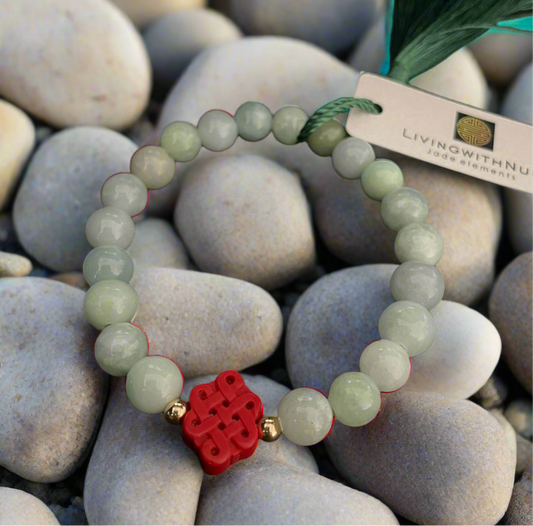 Jade bracelet 8mm beads & Mystic Knot Red Cinnabar.