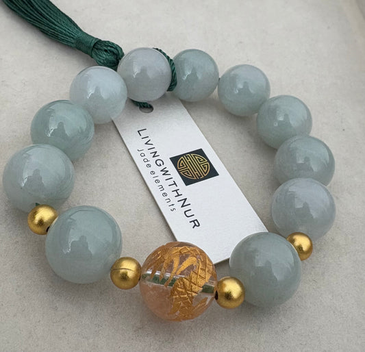 Big Bead Jade bracelet 15mm & Dragon carved  Quartz