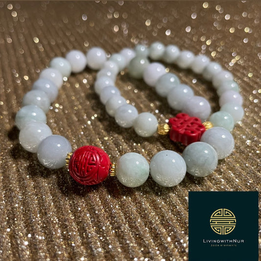 Jade bracelet 8mm beads & Good Fortune Red Cinnabar.