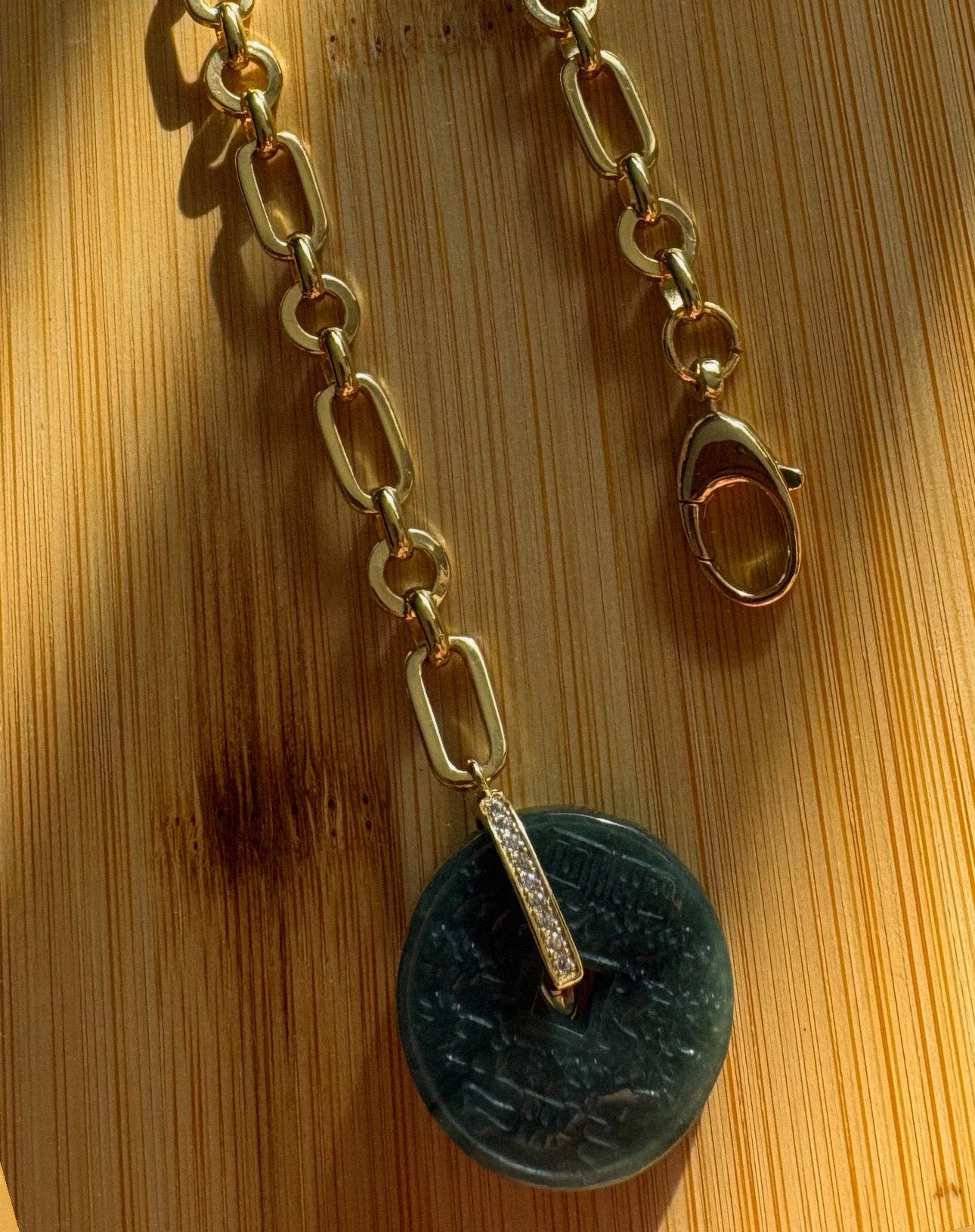 Versatile elongated Rolo-chain necklace & Jade COIN pendant