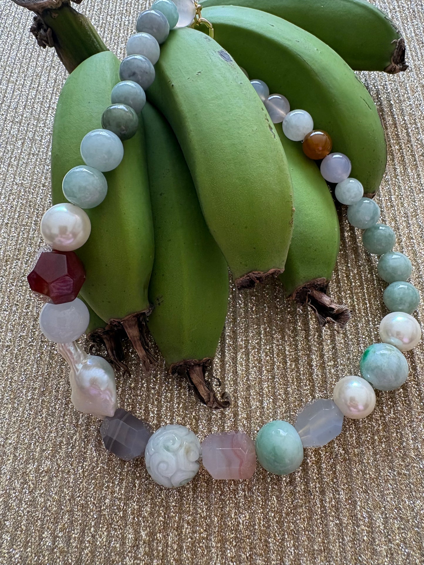 Jade choker necklace, Baroque Pearls and Agate