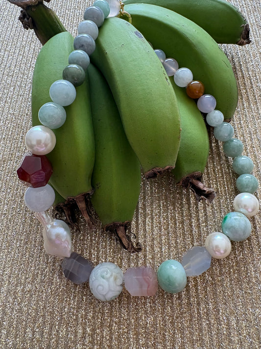 Jade choker necklace, Baroque Pearls and Agate