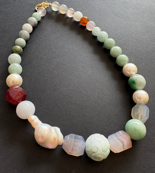 Jade choker necklace, Baroque Pearls and Agate