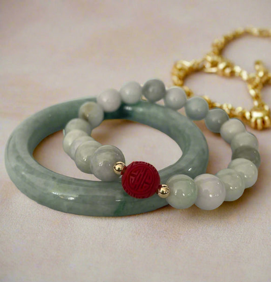 Genuine Burmese Jade bracelet 10mm beads and 'Shou' Longevity Red Cinnabar