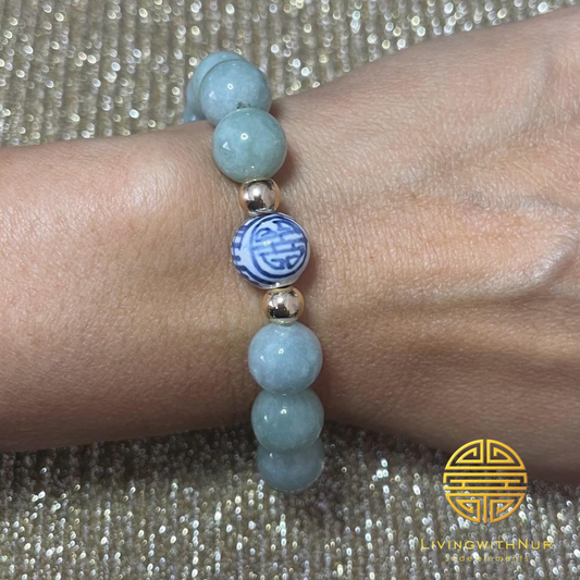 Genuine Burmese Jade bracelet 10mm beads and 'Shou' Longevity porcelain