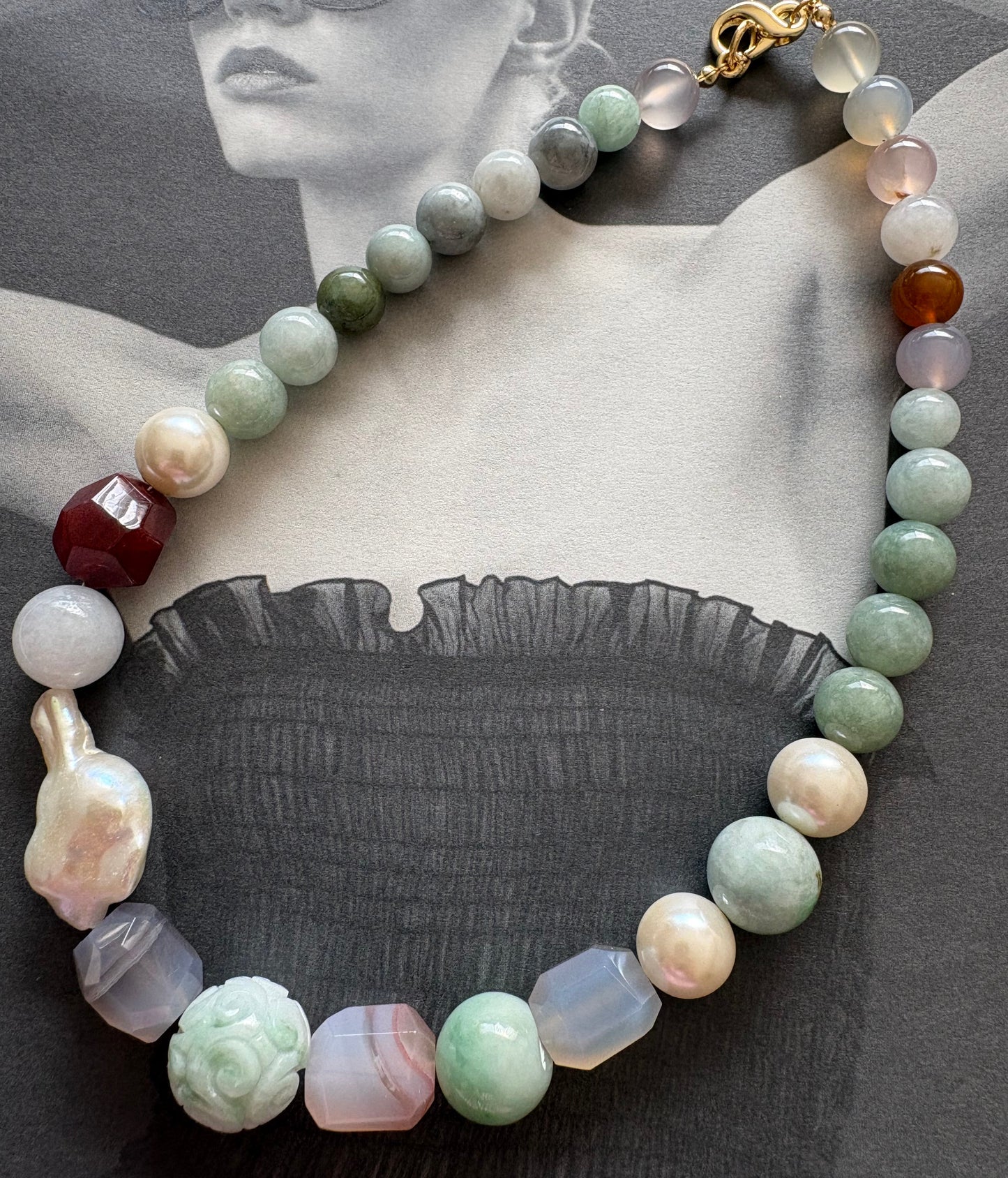 Jade choker necklace, Baroque Pearls and Agate