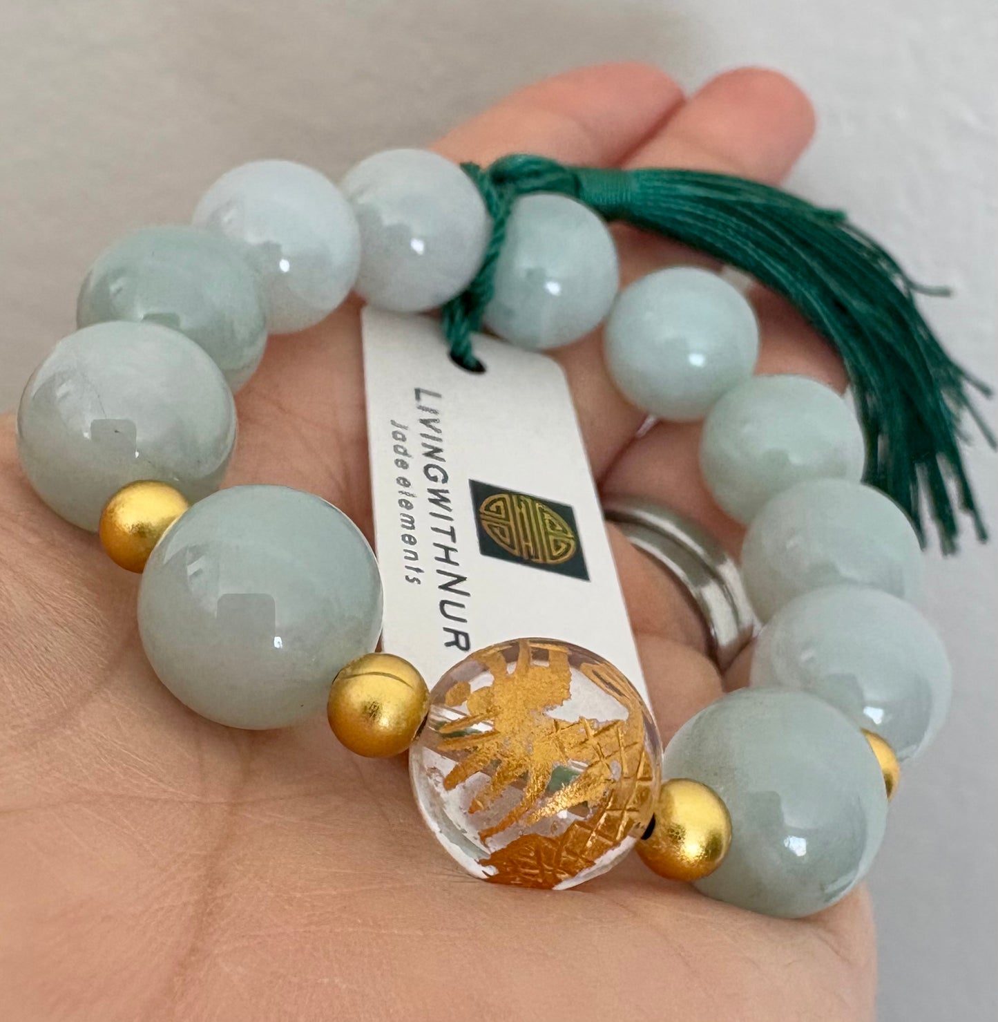 Big Bead Jade bracelet 15mm & Dragon carved  Quartz