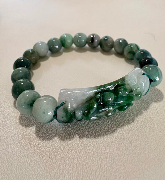 Wealth /Protection Jade & Carved Pixiu Jade bracelet 6”