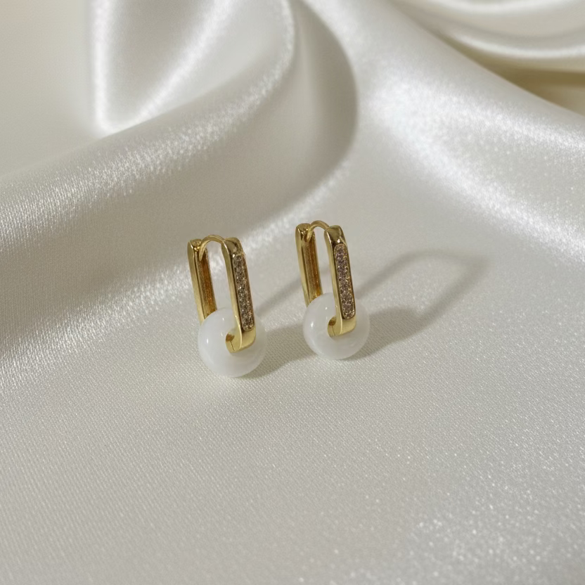 Oval HoopJade earrings; white  mini Jade