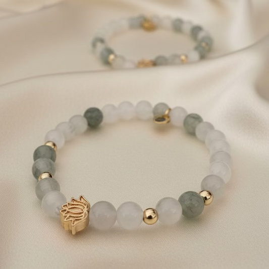 Lotus & White mix Jade bracelet 6mm beads