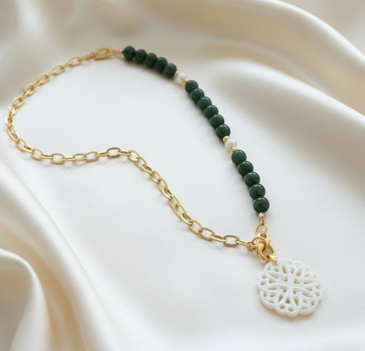 Versatile Rolo-chain necklace & Jade beads with additional Mother of Pearl Mandala pendant