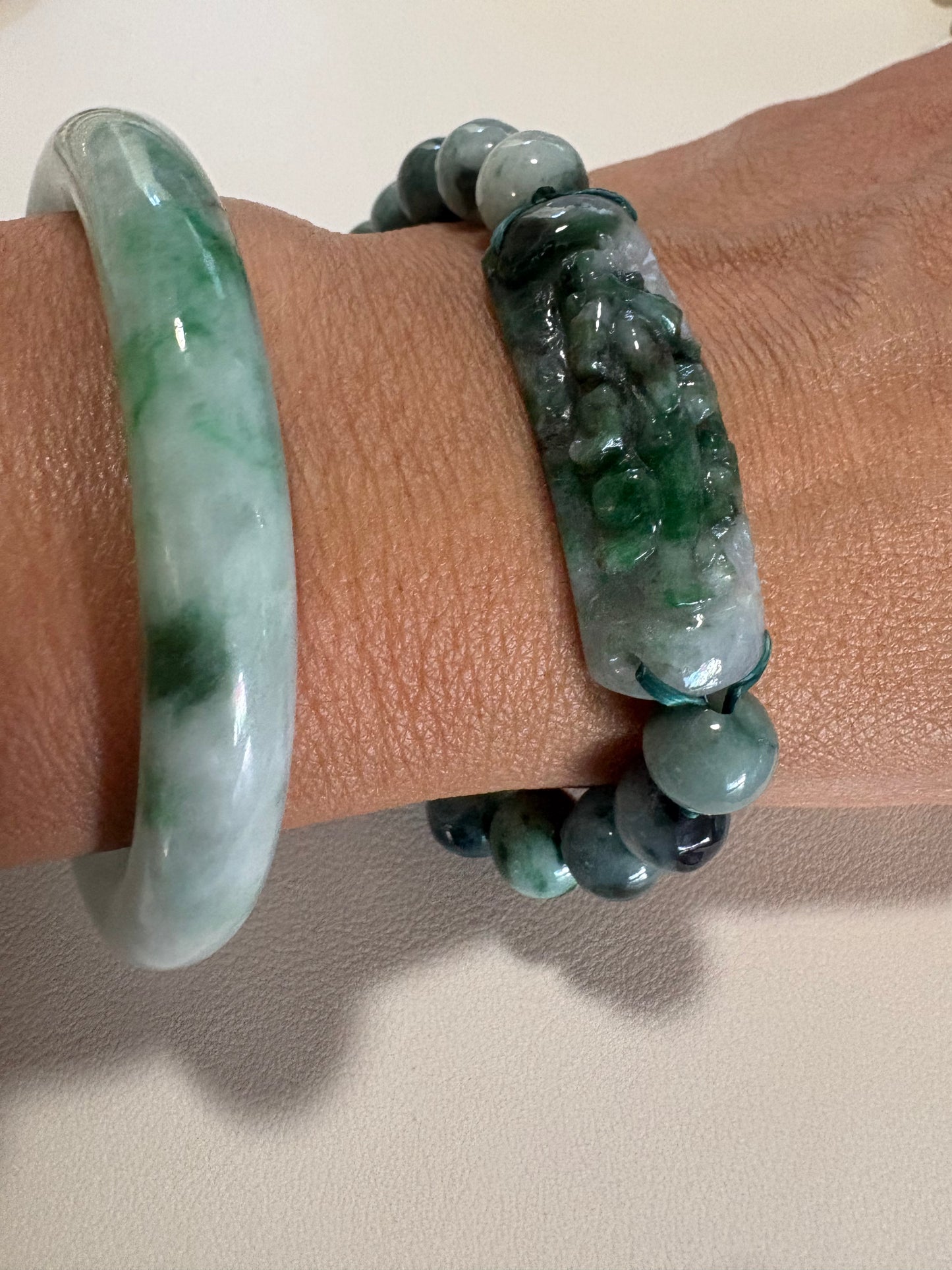Wealth /Protection Jade & Carved Pixiu Jade bracelet 6”